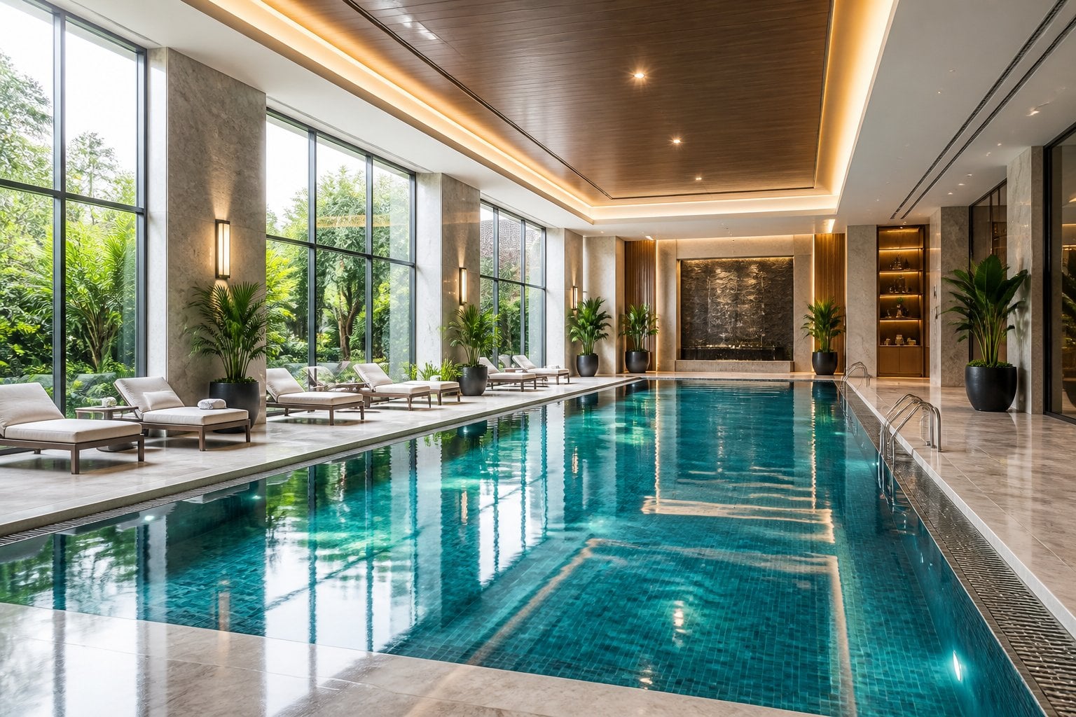 A spacious indoor swimming pool with clear water, large windows, lounge chairs, and plants around it.