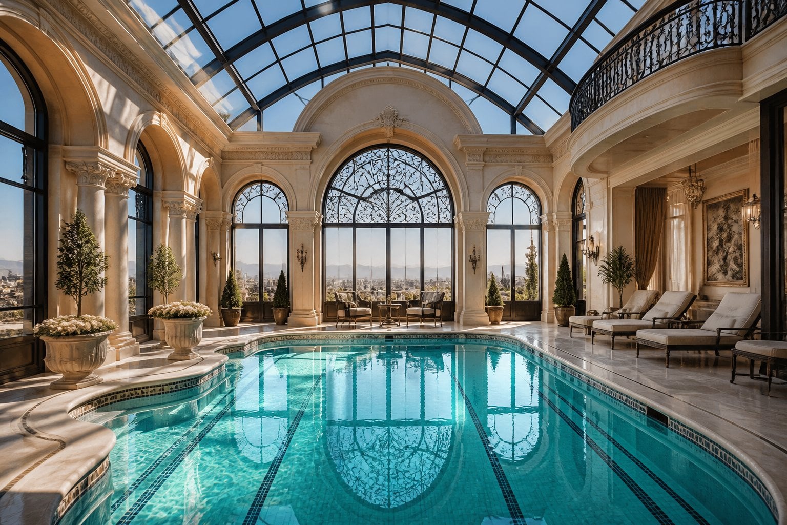 Indoor swimming pool enclosed by glass walls and ceiling with marble flooring, ornate columns, lounge chairs, and plants.