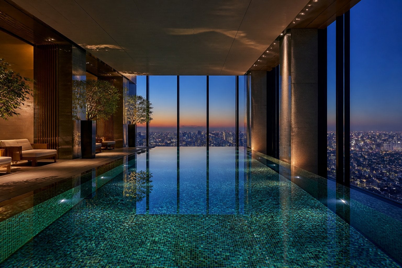 Indoor infinity pool with mosaic tiles in a private suite overlooking Tokyo city through large windows at dusk.