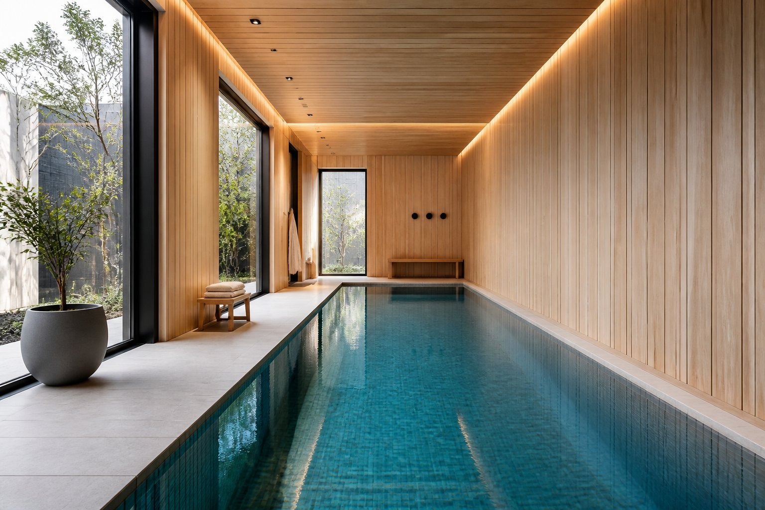 Indoor lap pool with timber walls and natural light in a modern townhouse.