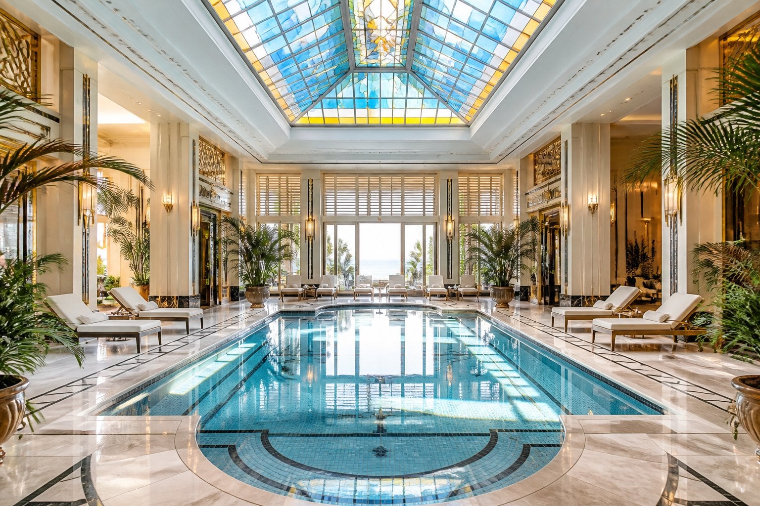 Indoor swimming pool with a colorful stained-glass skylight, lounge chairs, and tropical plants inside a bright villa.