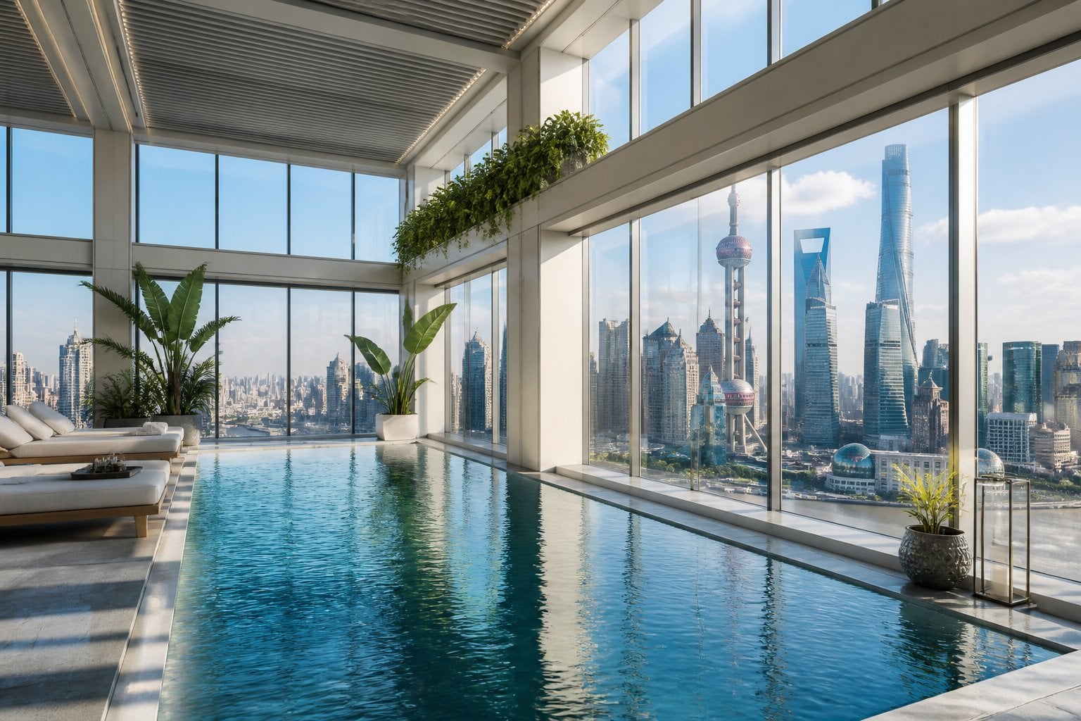 Indoor rooftop pool with large glass walls showing panoramic views of the Shanghai city skyline.