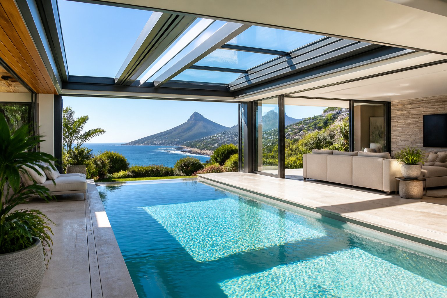 A modern indoor-outdoor pool with a partially open retractable roof overlooking the ocean at a coastal home.