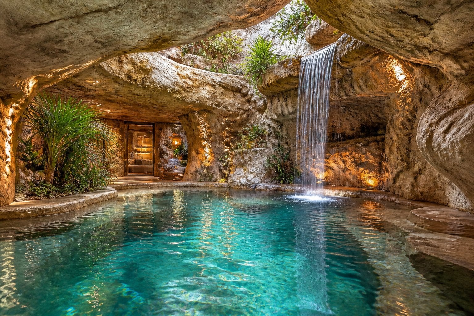 Indoor cave-like grotto pool with a waterfall surrounded by natural rock formations and tropical plants inside a Malibu cliffside estate.