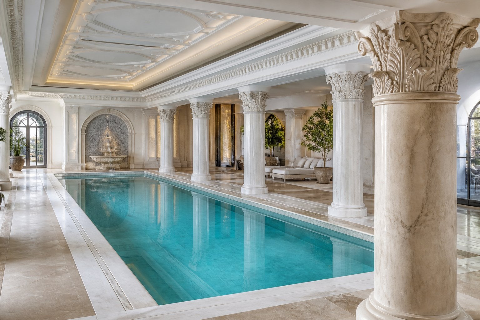 Indoor pool with clear water surrounded by white marble columns inside a luxury apartment.