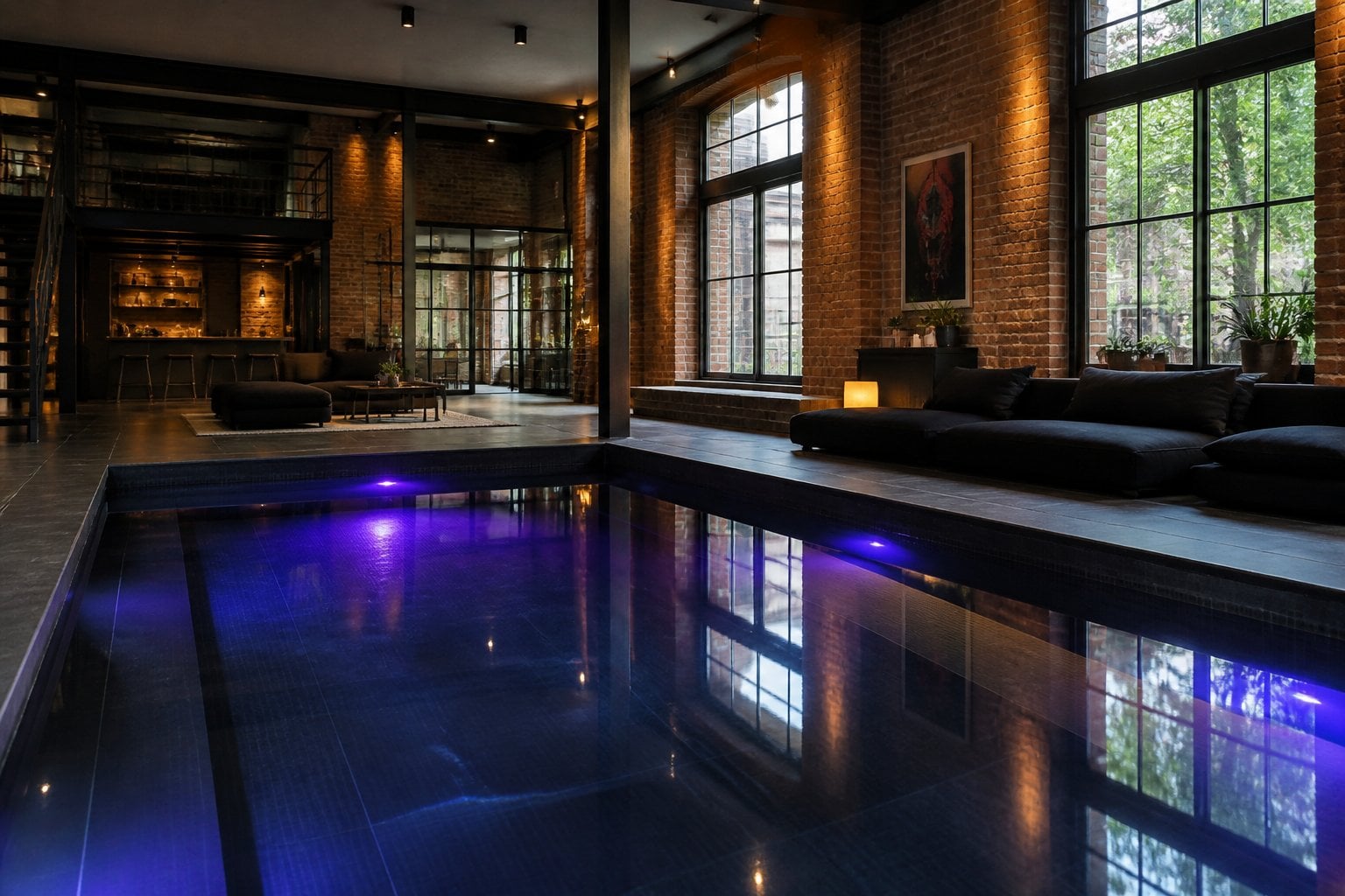 Indoor black reflective plunge pool with colored LED lighting in a spacious loft with large windows and exposed brick walls.