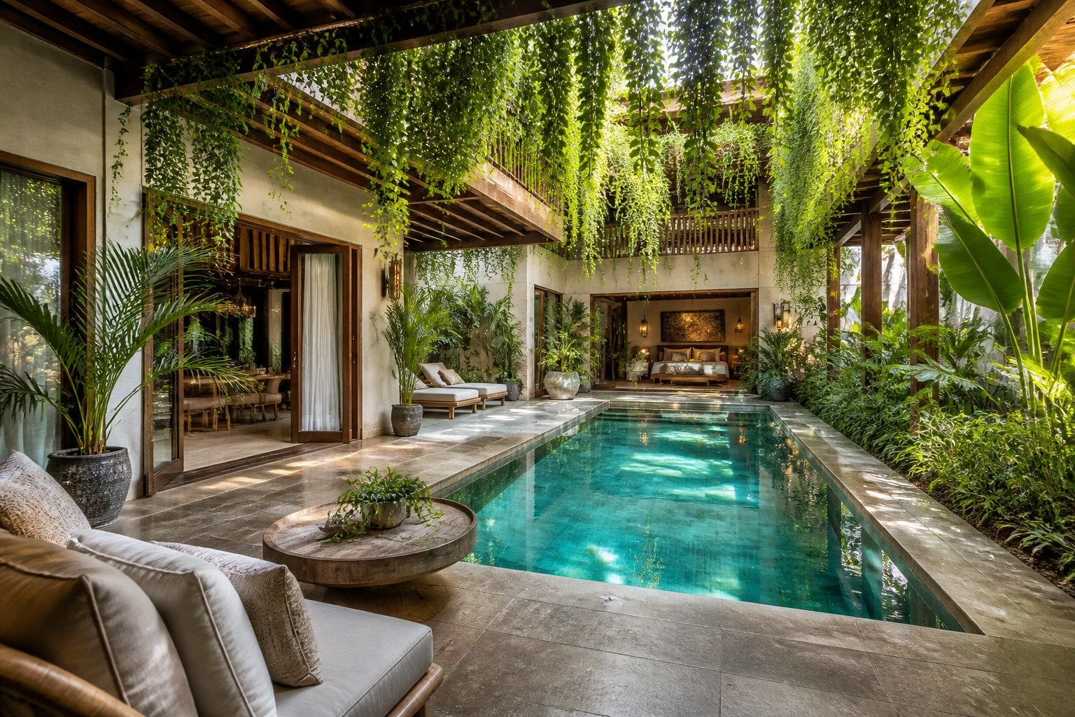Indoor tropical pool with clear water surrounded by hanging plants and lush greenery in a private villa.