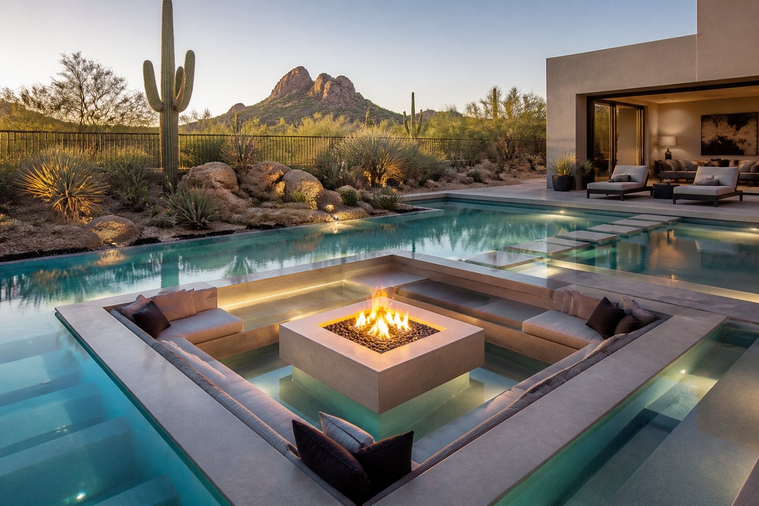 A submerged seating pool with a central fire pit surrounded by desert plants at a Scottsdale residence.