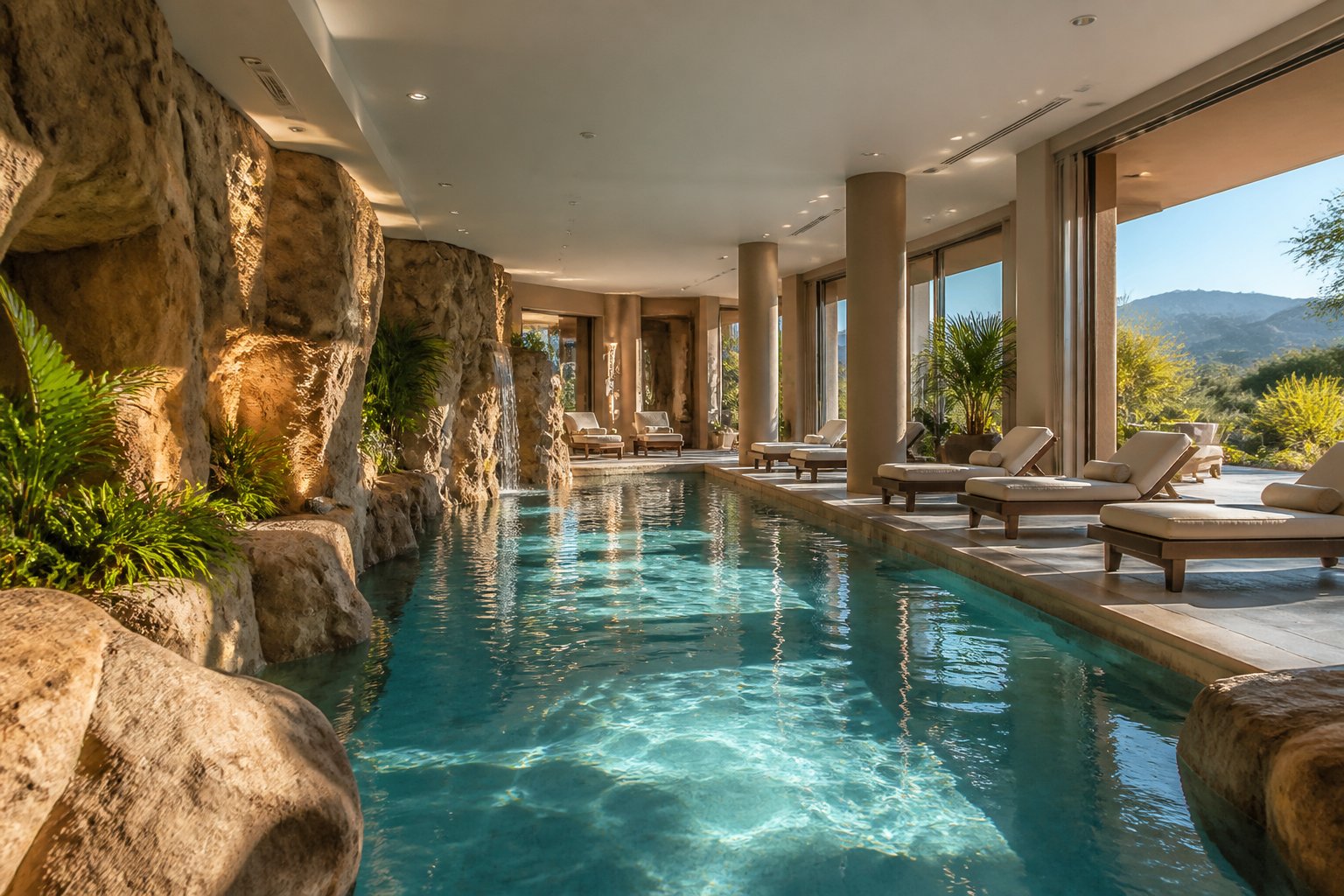 Indoor pool surrounded by natural rock features and lounge chairs in a Scottsdale resort suite.