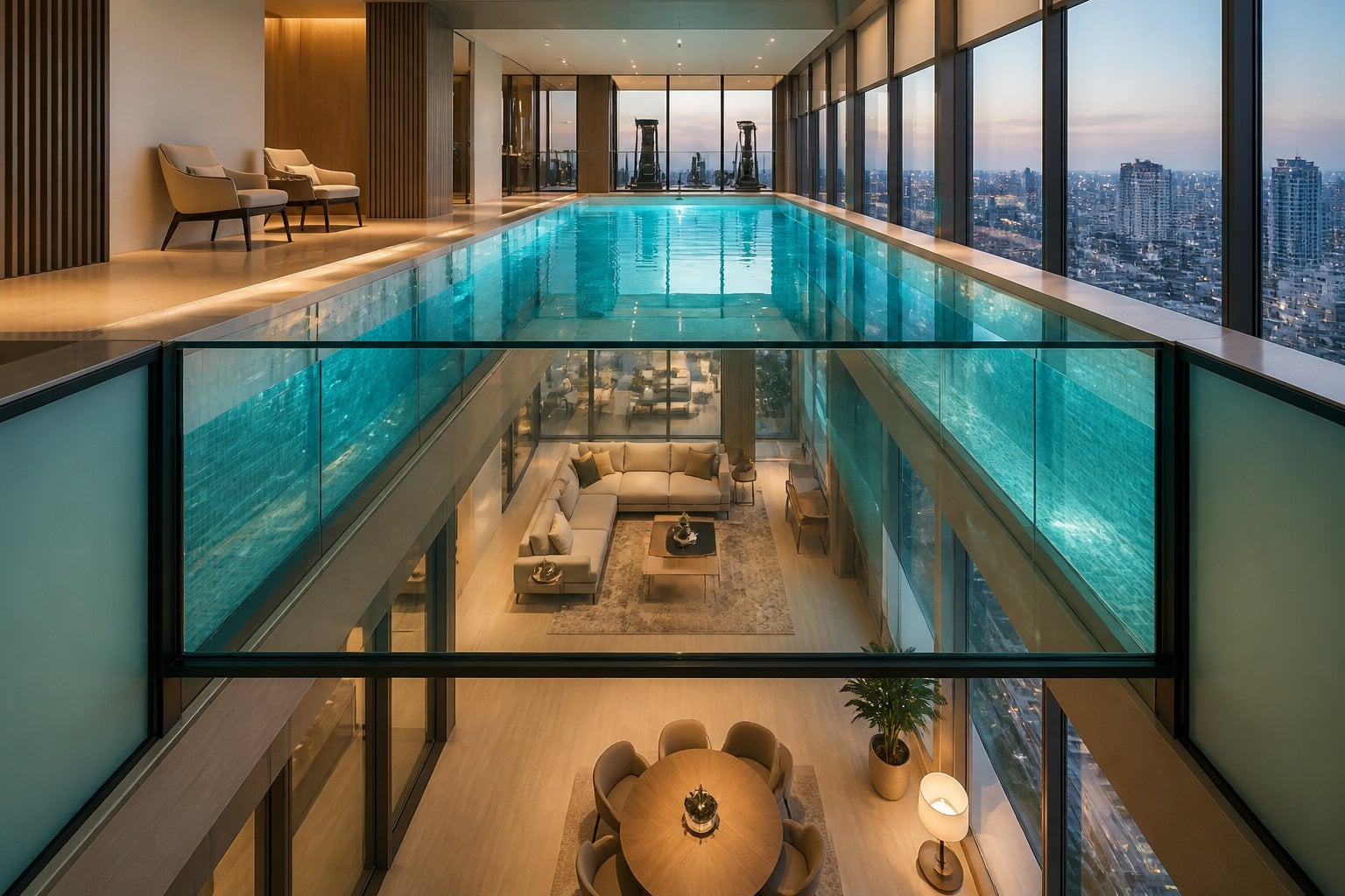 Glass-bottom indoor pool overlooking a modern living room in a high-rise Singapore apartment.