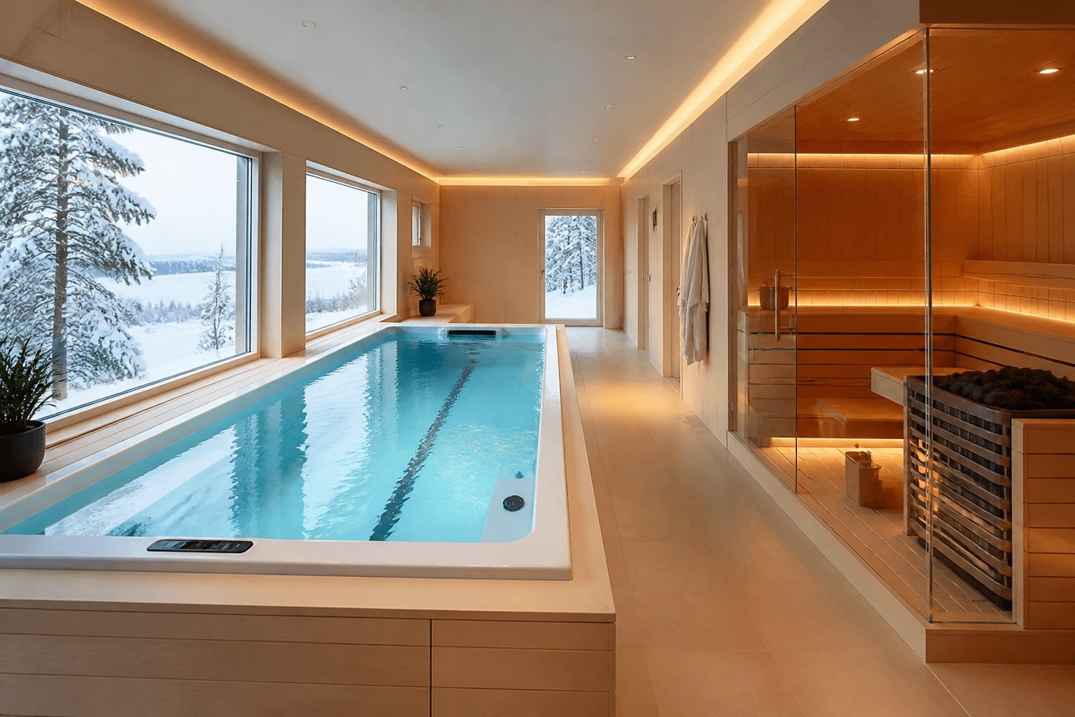 Indoor swim spa integrated with a wooden sauna room inside a modern home, with large windows showing a snowy outdoor view.
