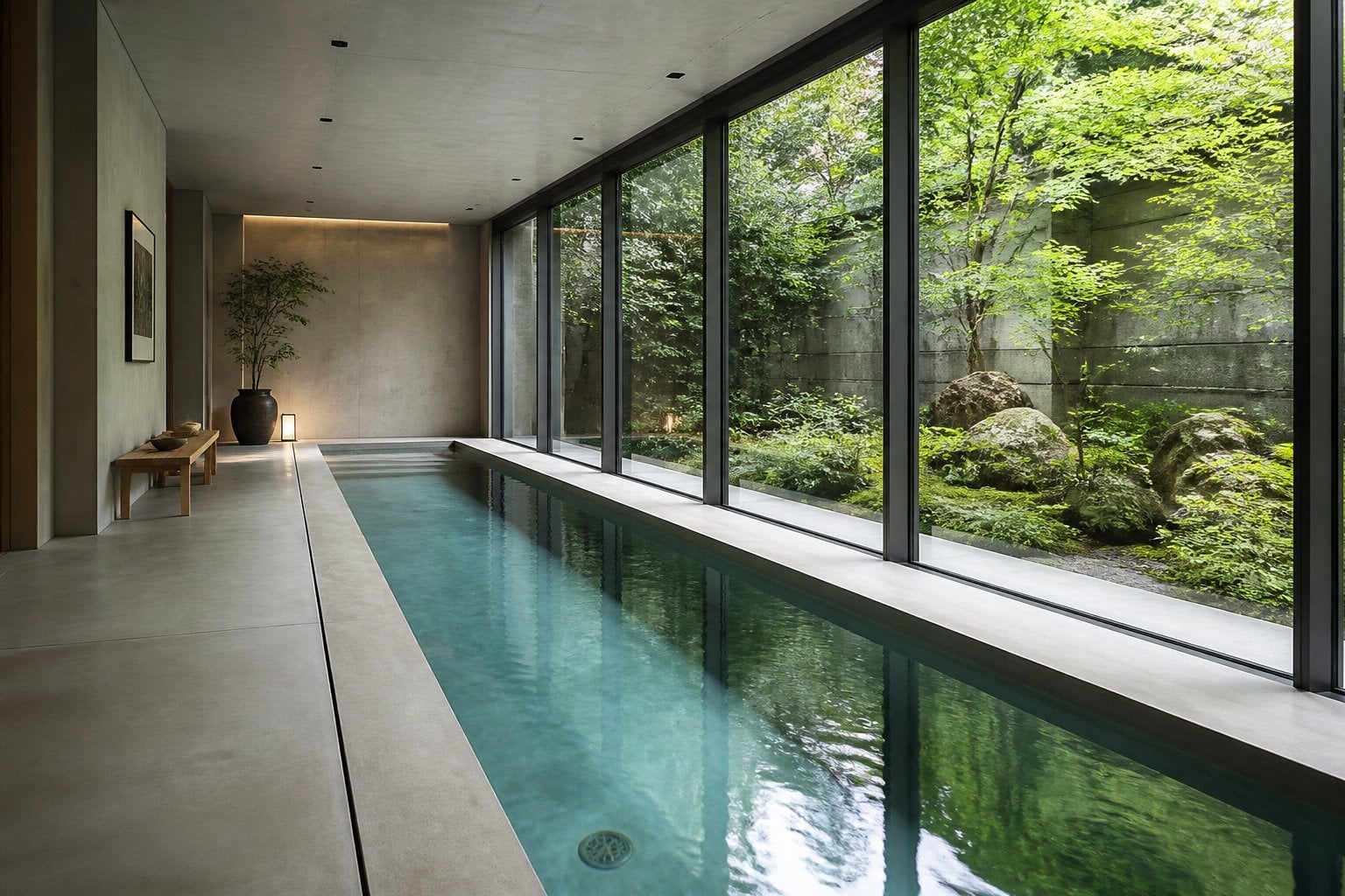 Indoor concrete lap pool with large floor-to-ceiling windows overlooking a green garden.