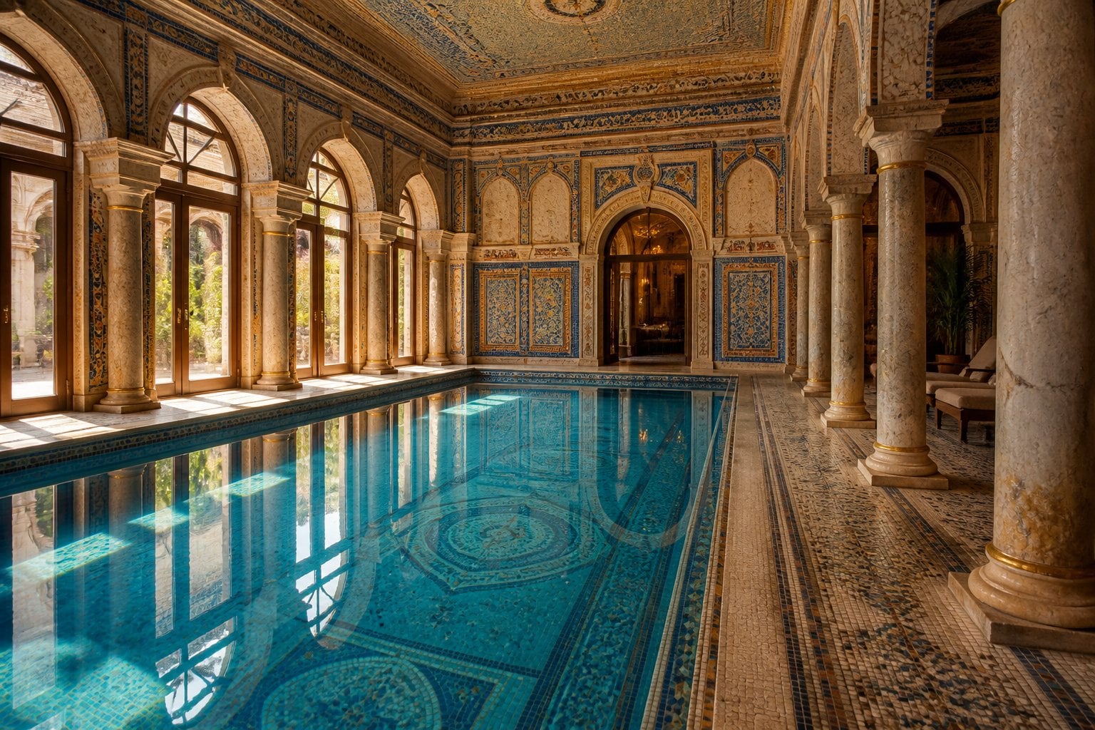 Indoor pool with blue water surrounded by colorful Byzantine mosaic tiles and elegant architectural details in a heritage home.