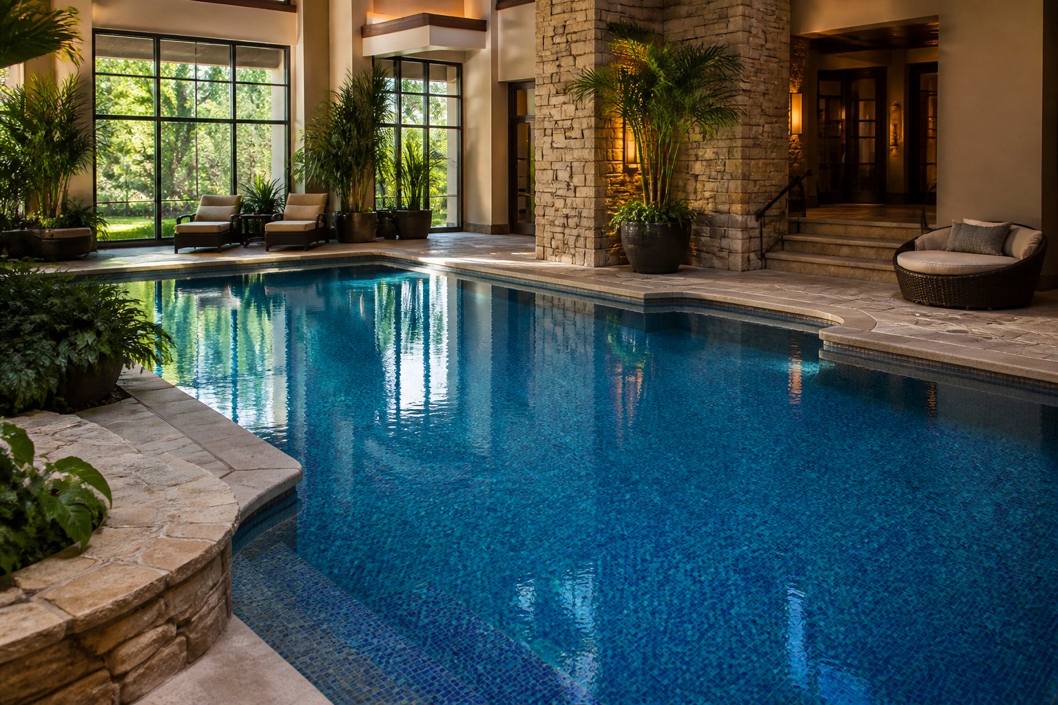 An elegant indoor pool with blue pebble-textured water, surrounded by stone accents, plants, and modern seating.