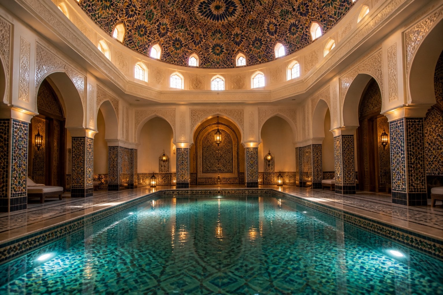 Indoor thermal pool with a mosaic domed ceiling and intricate tilework, bathed in soft natural light.