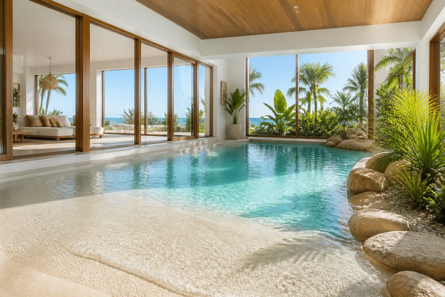 An indoor lagoon pool with a sandy beach entry inside a coastal house, surrounded by large windows and tropical plants.