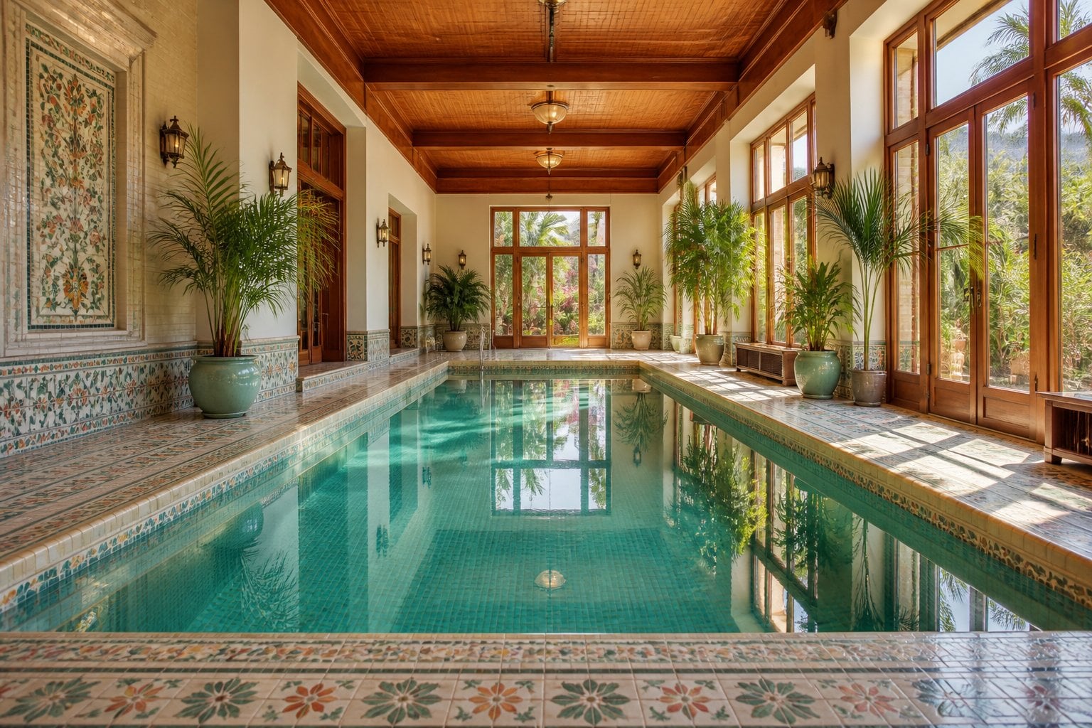 Indoor pool with decorative vintage tiles, large windows, wooden accents, and potted plants in a historic home.