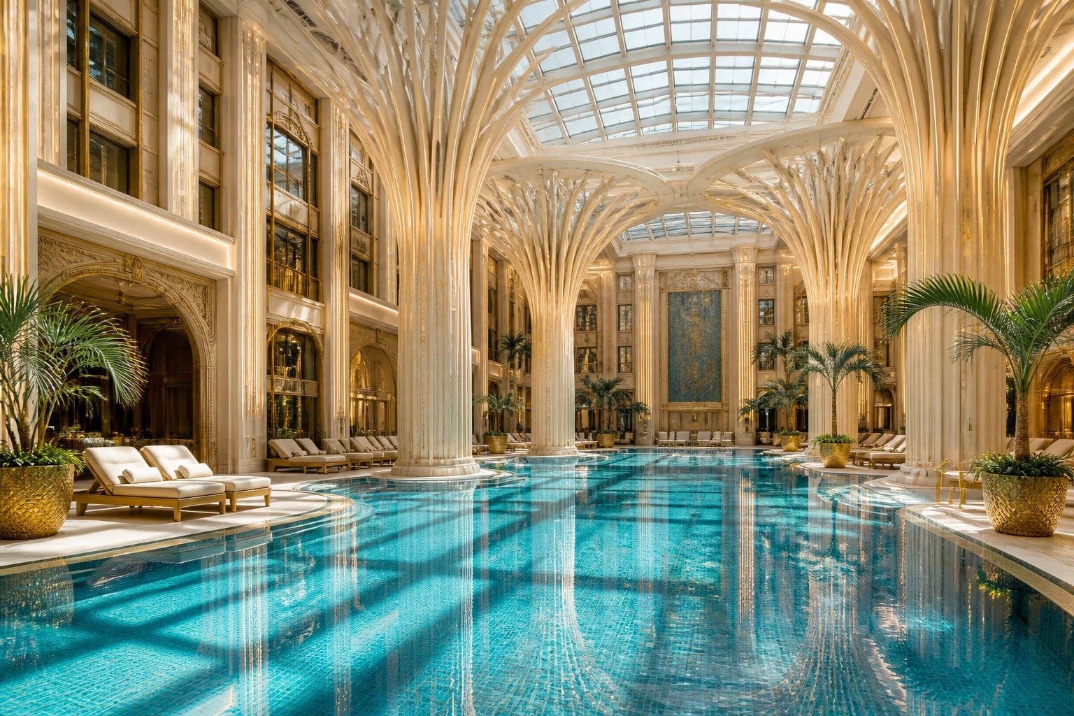 Indoor hotel pool with clear water surrounded by sculptural columns and lounge chairs under a glass ceiling.
