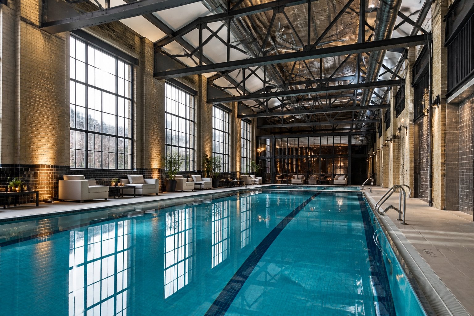 Indoor pool inside a large warehouse with exposed steel beams and large windows letting in natural light.