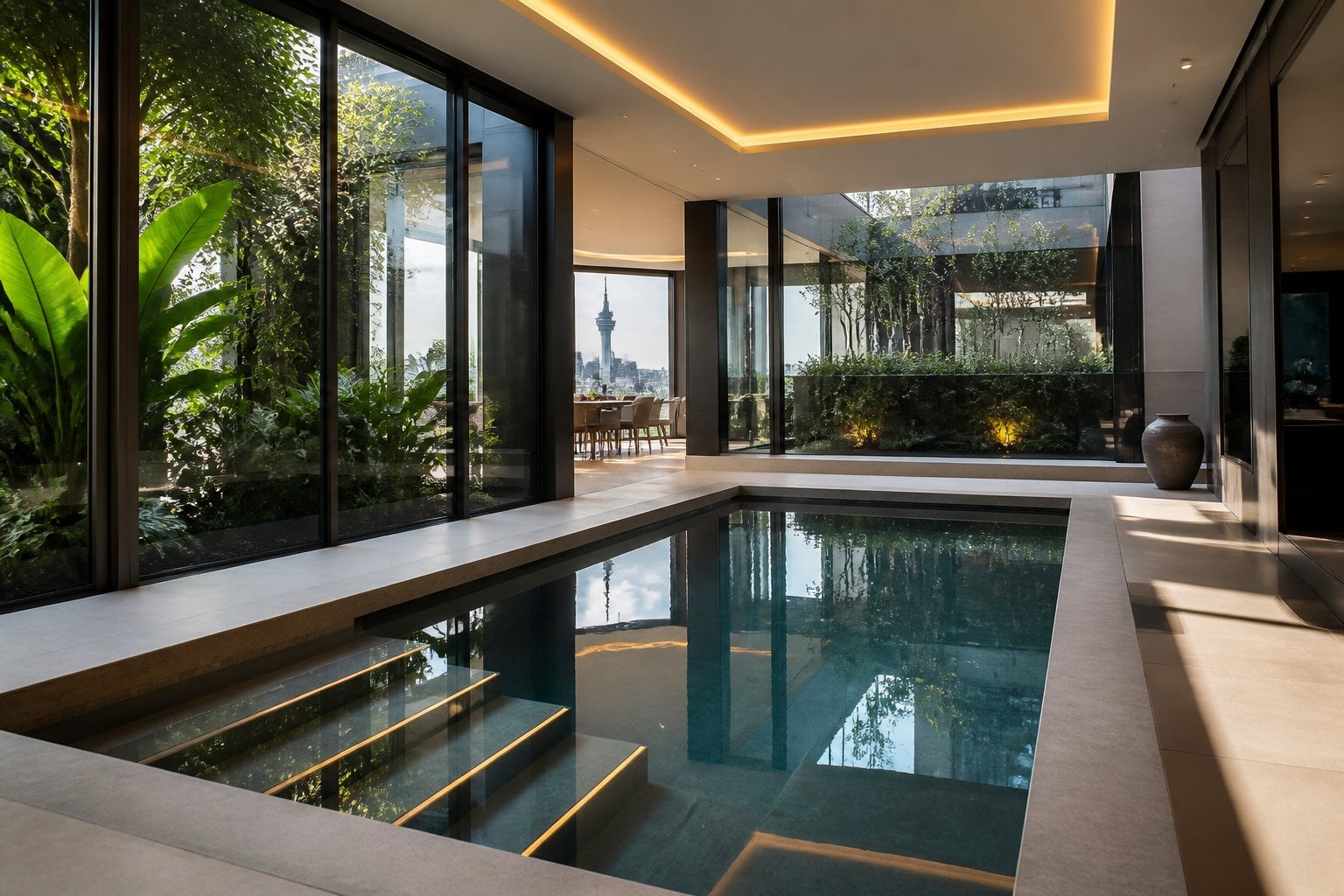 Indoor sunken garden pool surrounded by glass walls with green plants inside a modern penthouse.