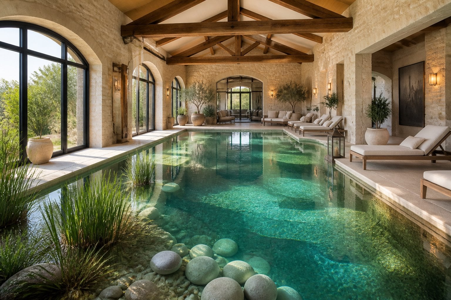 Indoor saltwater pool with clear water, surrounded by natural plants and stones inside a bright room with wooden beams and stone walls.