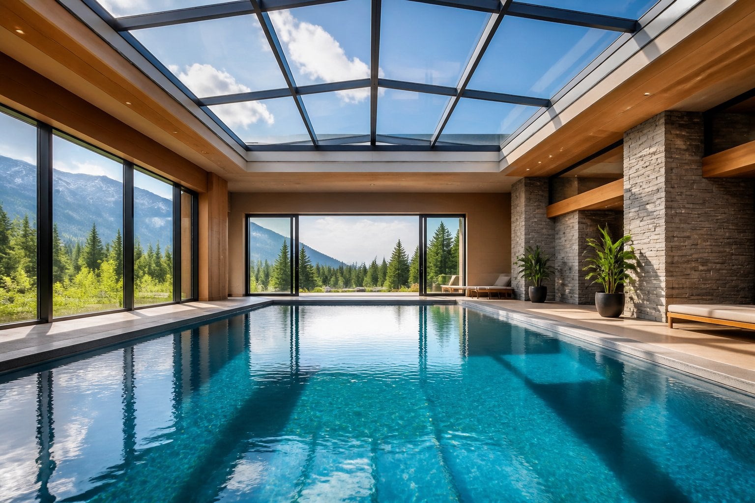 Indoor pool with clear water under a transparent roof showing a blue sky and mountain views.
