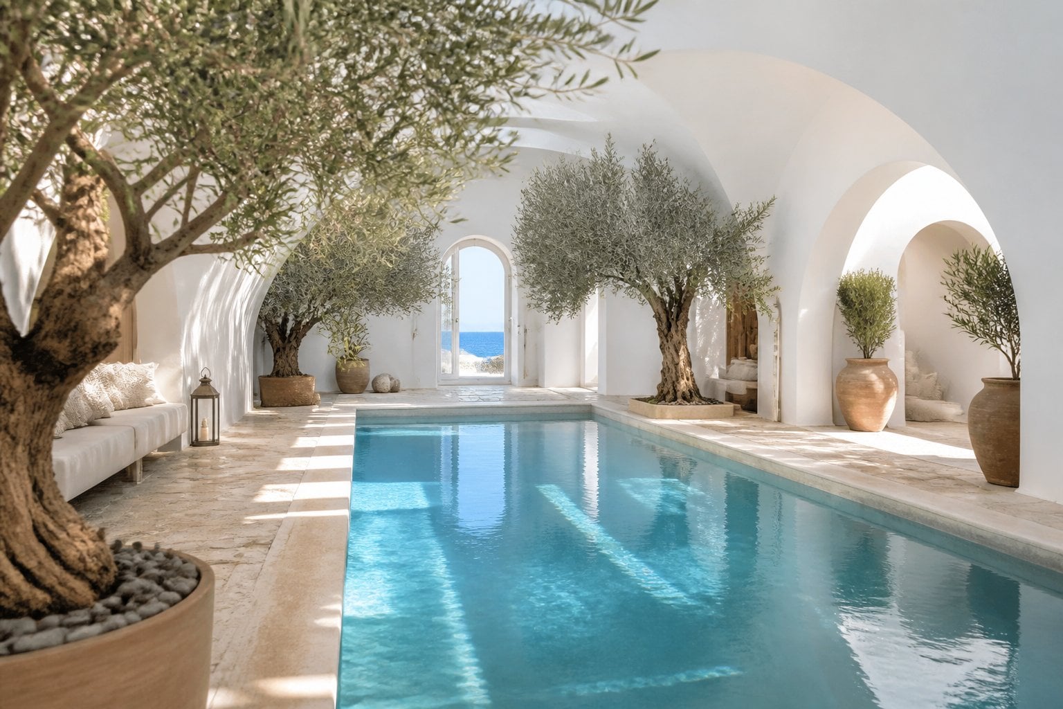 Indoor pool surrounded by olive trees inside a Mediterranean villa courtyard.