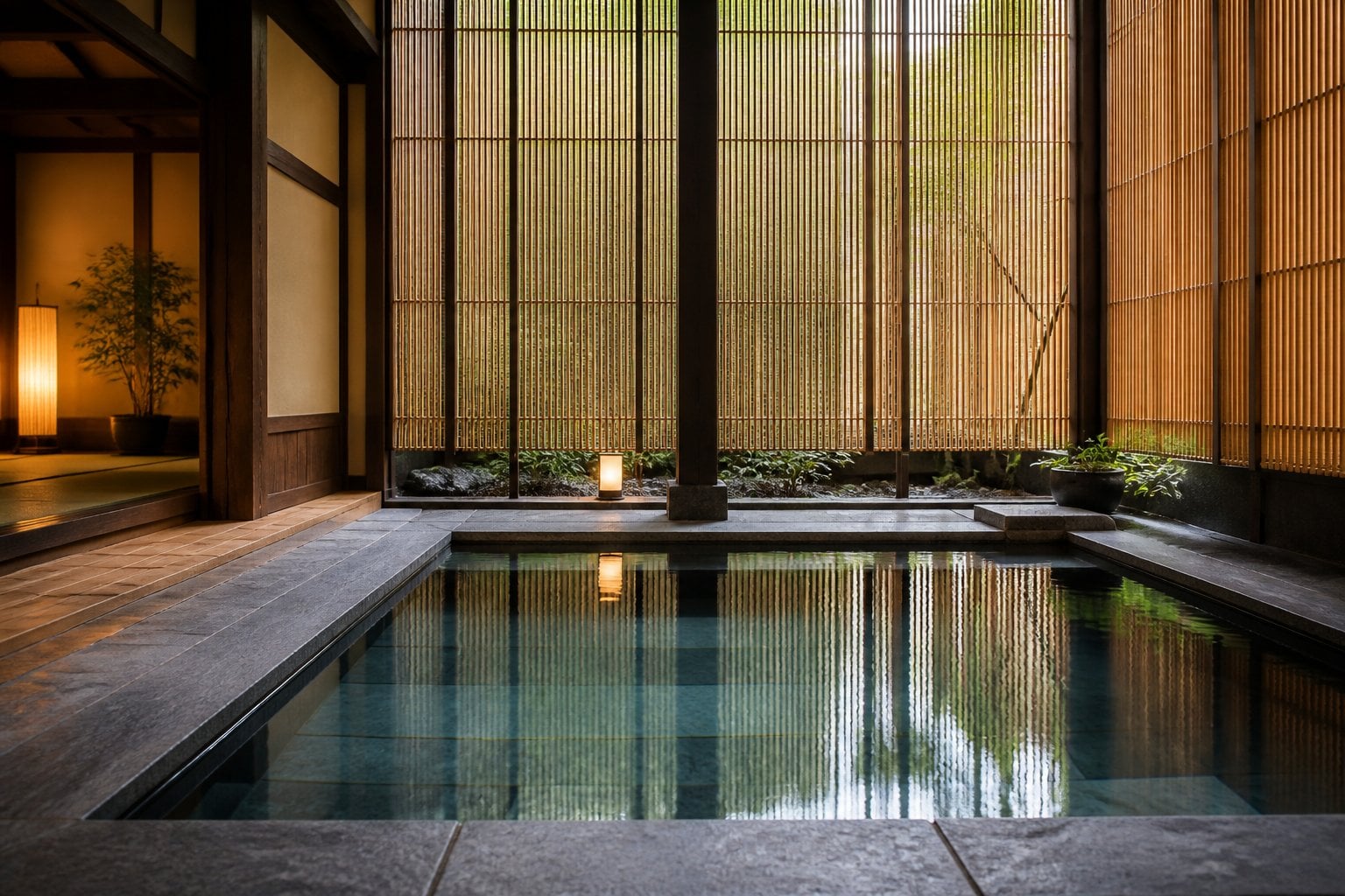 Indoor pool with clear water surrounded by stone tiles and bamboo screens in a traditional wooden room.