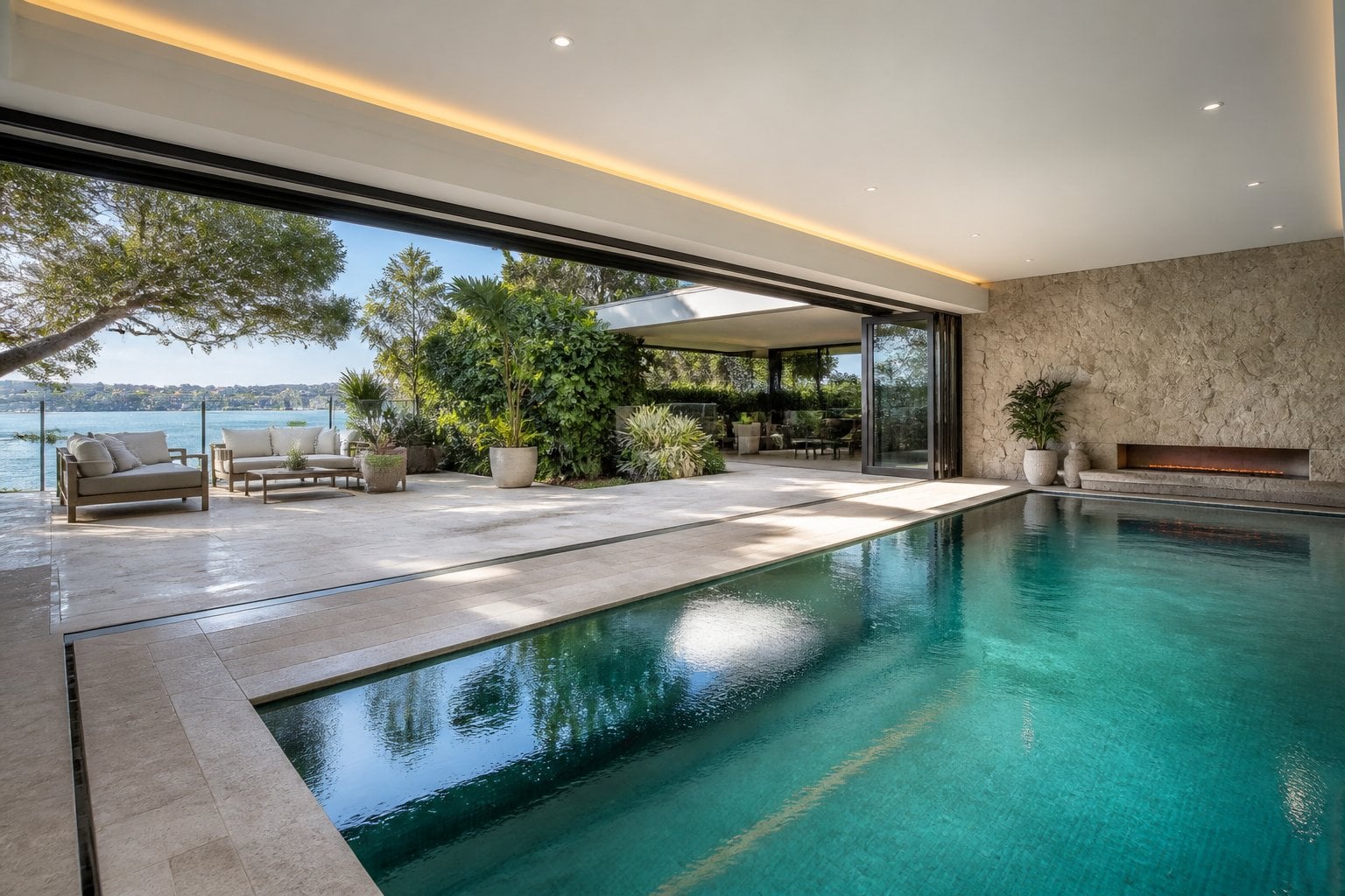 Indoor heated swimming pool with a retractable glass wall open to a courtyard with plants and outdoor seating.