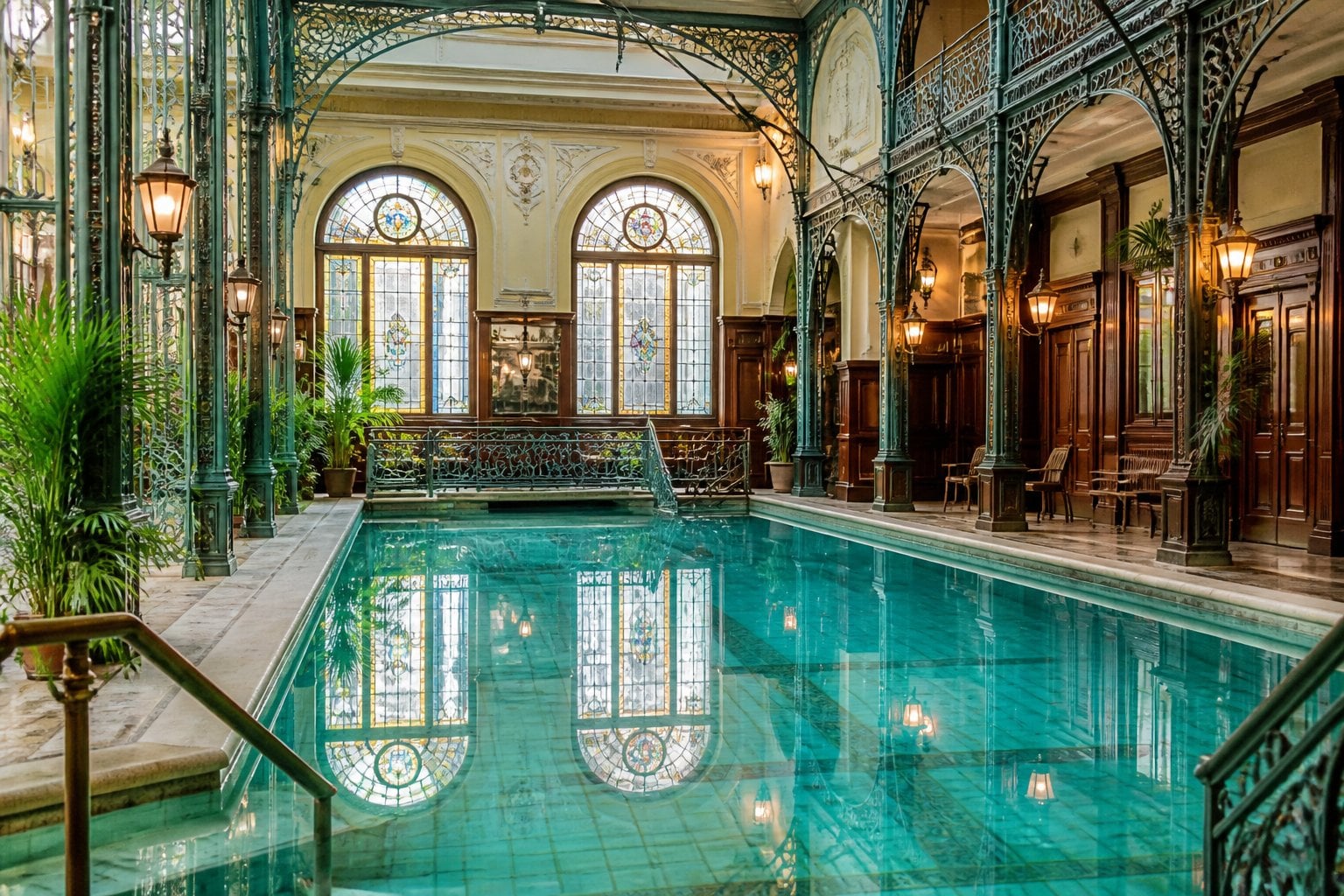 An indoor pool with clear water, ornate iron railings, tall arched windows, and decorative plants inside a grand manor.