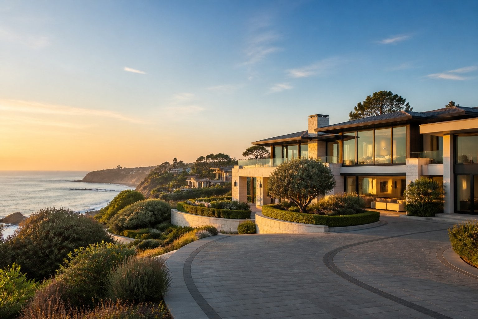 Luxury home in an upscale coastal neighborhood with manicured landscaping and scenic surroundings.