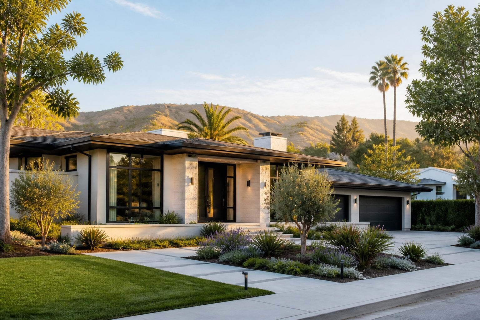 An upscale home in a landscaped San Jose neighborhood with rolling hills in the background.