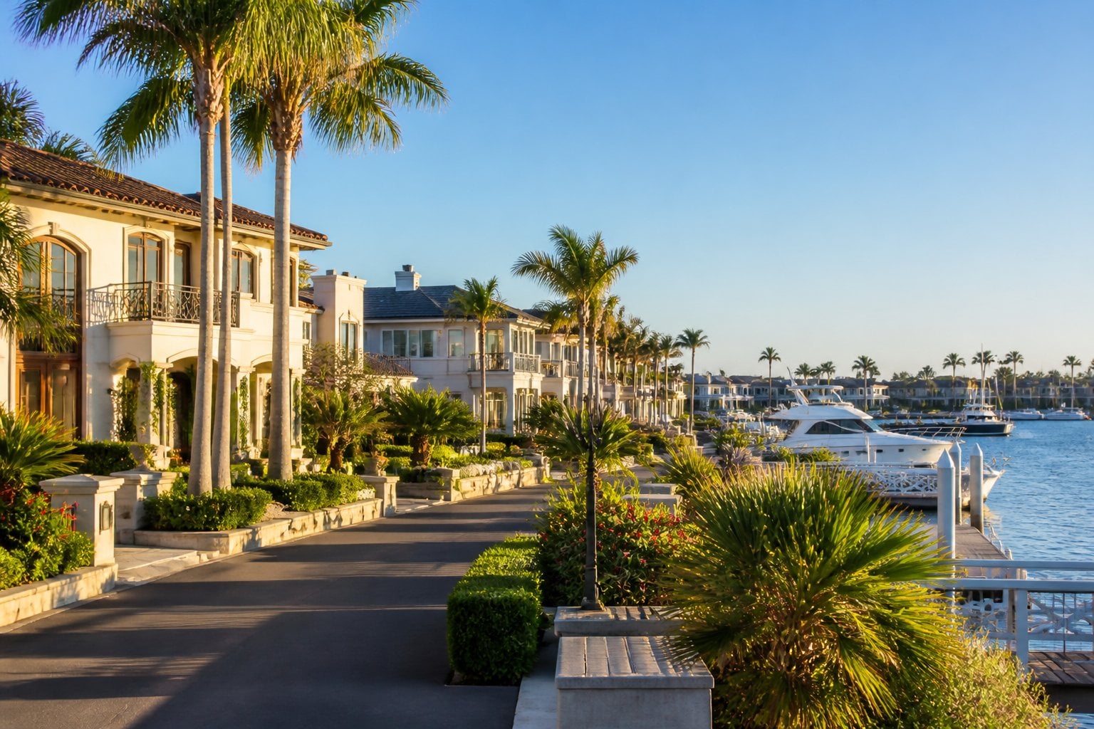 Luxury waterfront homes, palm trees, and yachts in Newport Beach, California.