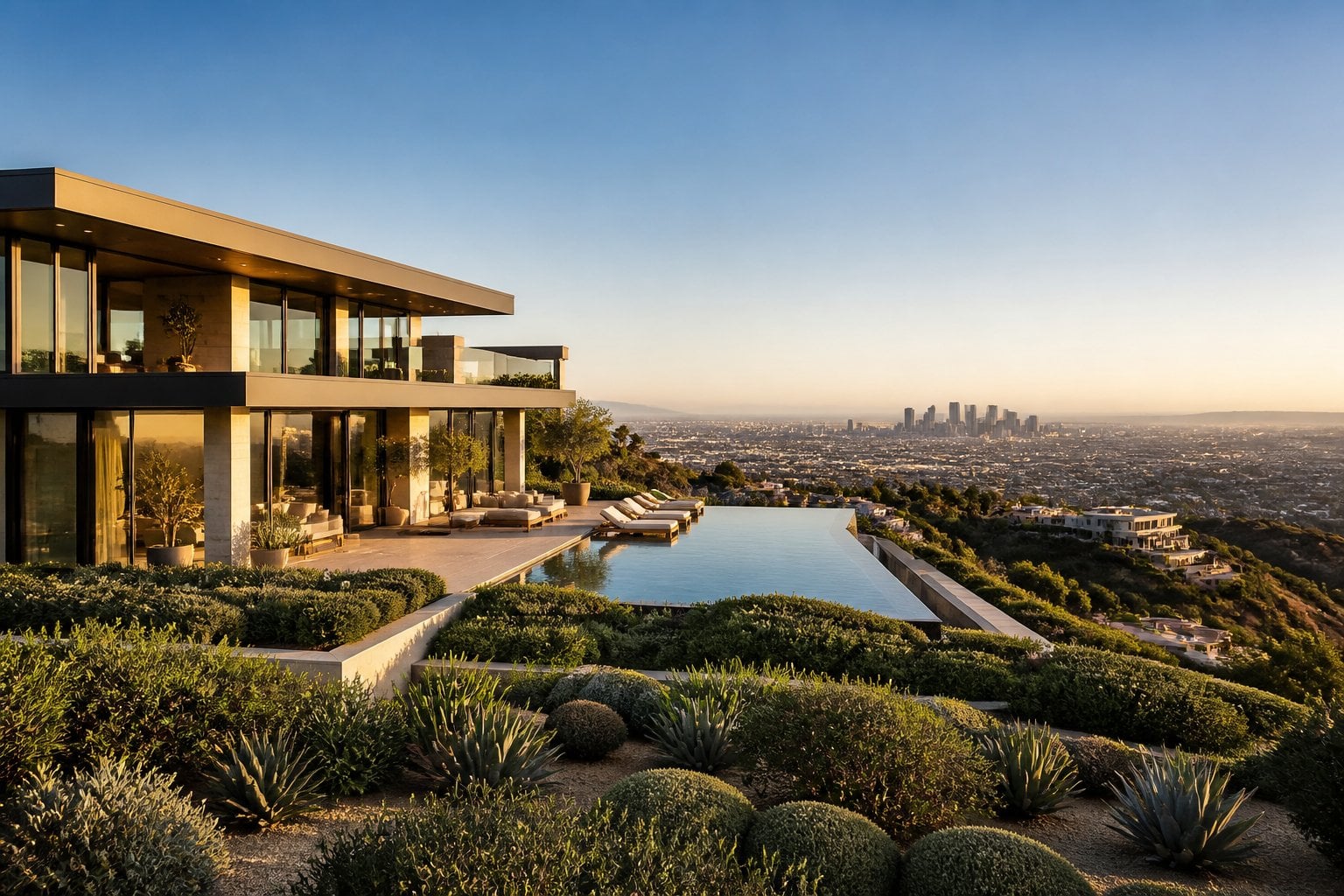 A luxurious hillside home overlooking the Los Angeles skyline and surrounding mountains.