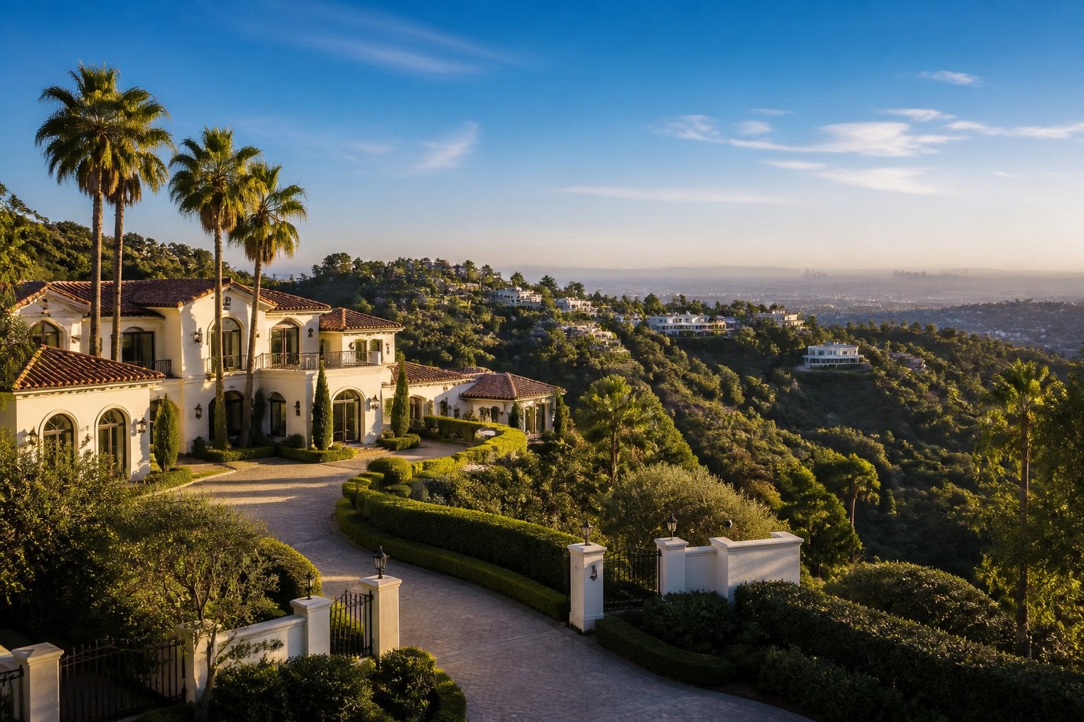 A luxurious hillside estate surrounded by palm trees and landscaped gardens in Bel Air, with the Los Angeles skyline and mountains in the distance.