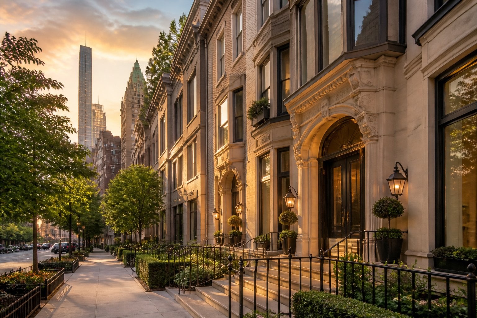 Luxury residential buildings on a tree-lined Manhattan street with skyscrapers in the background.