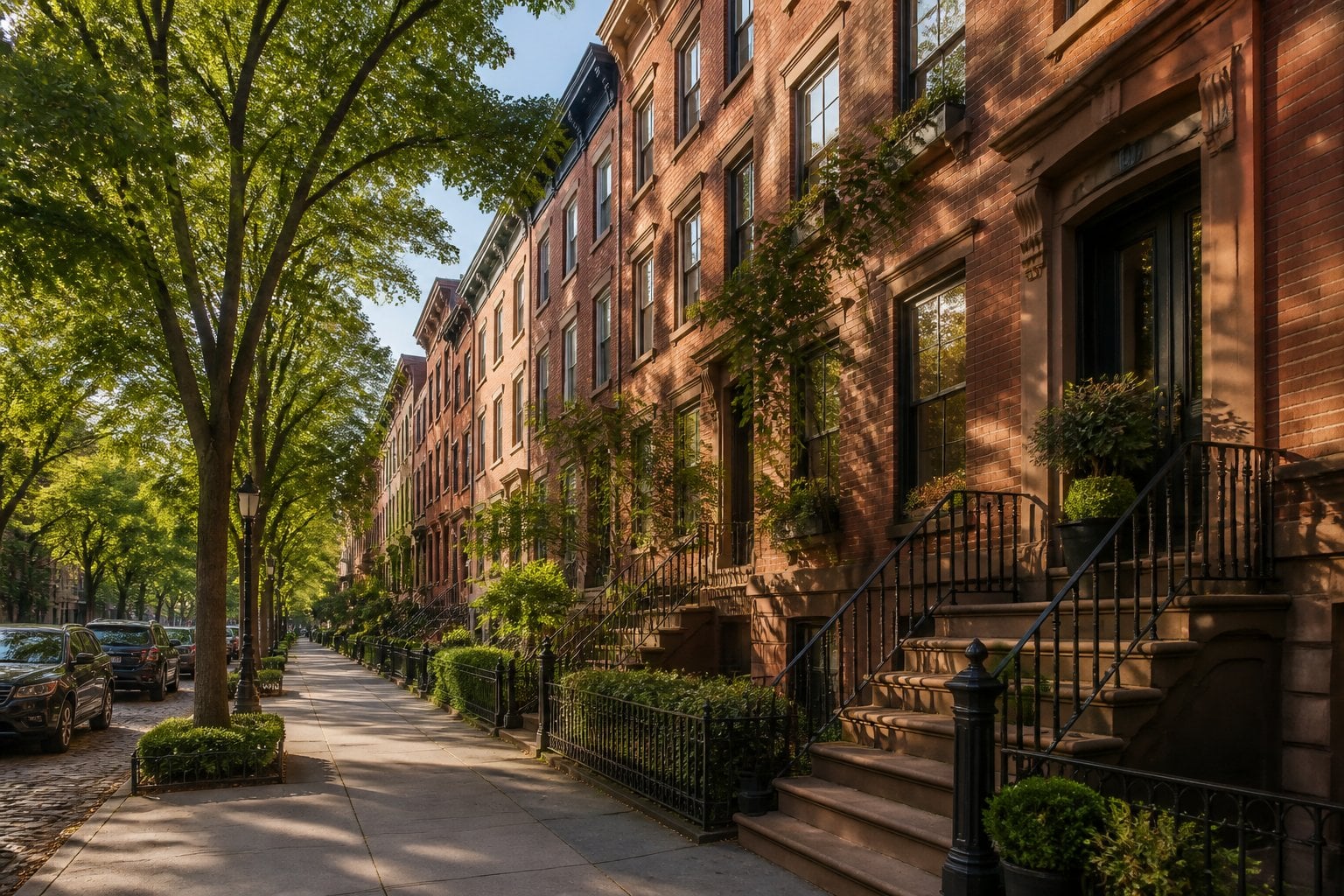 A tree-lined Brooklyn Heights street with elegant historic brownstone townhouses.