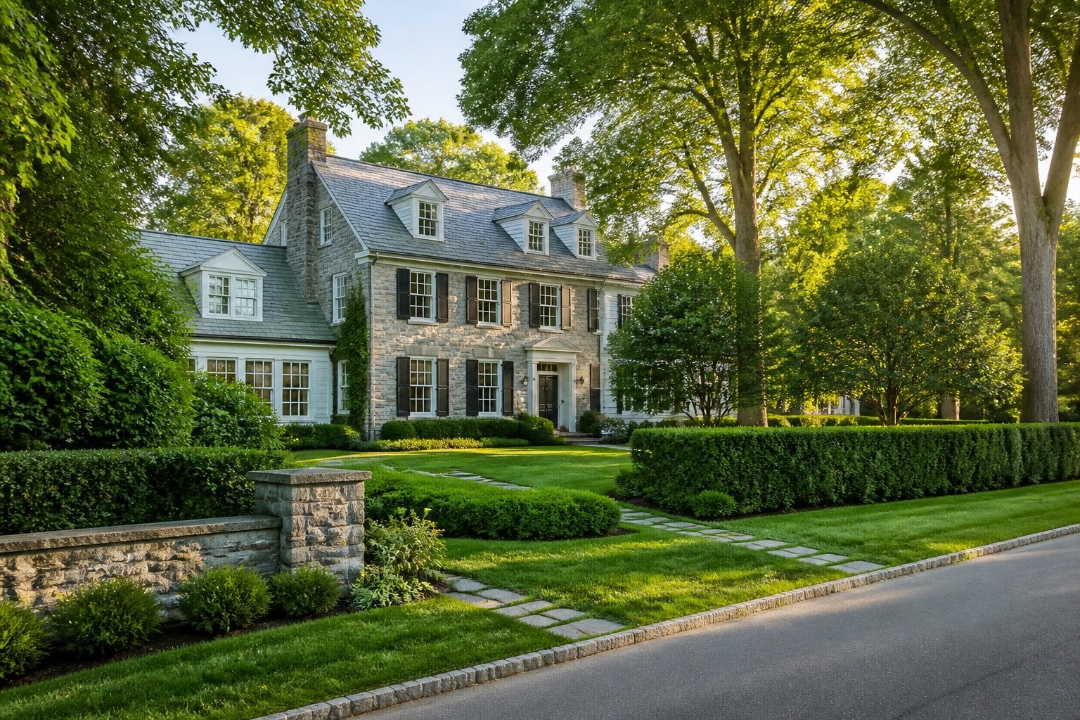An elegant luxury home surrounded by trees, hedges, and a manicured lawn in Greenwich, Connecticut.