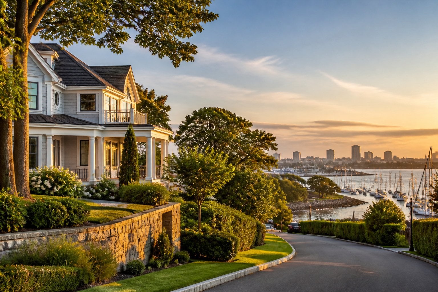 An elegant waterfront home in a landscaped Bridgeport, Connecticut neighborhood overlooking a calm harbor.