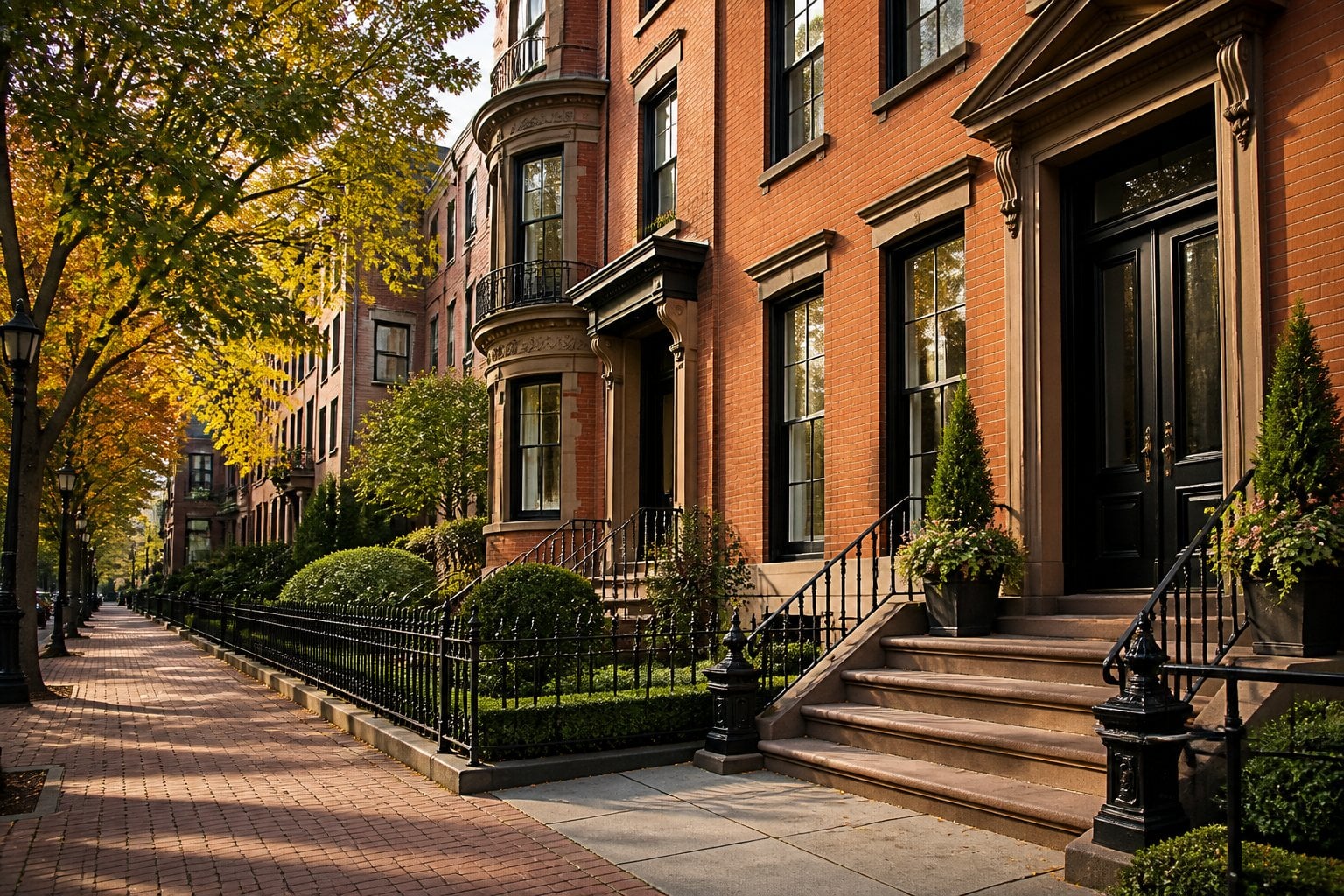 An elegant historic brownstone townhouse on a leafy Boston residential street.