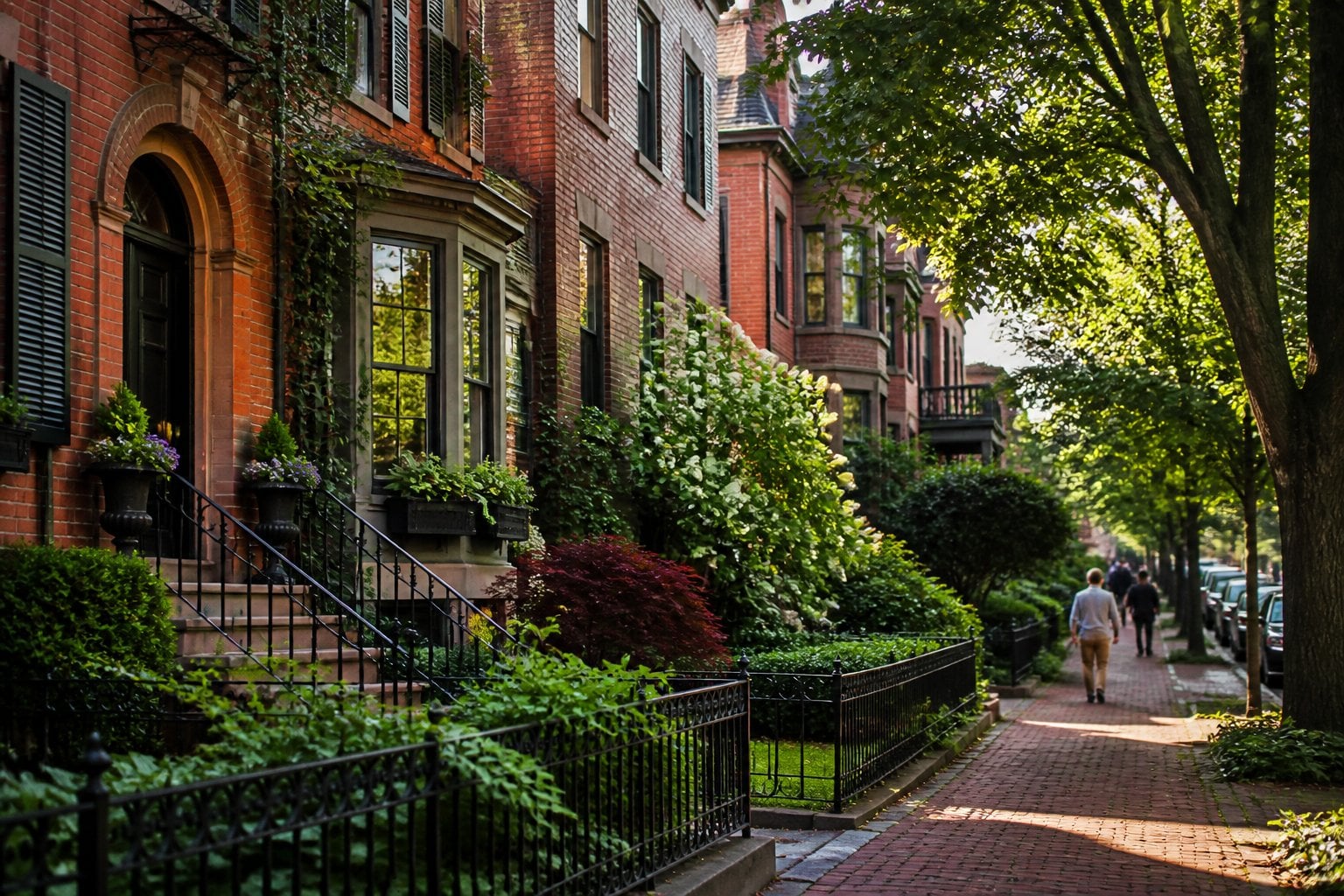 An elegant historic residential street in Cambridge with brick townhouses, leafy trees, and manicured gardens.