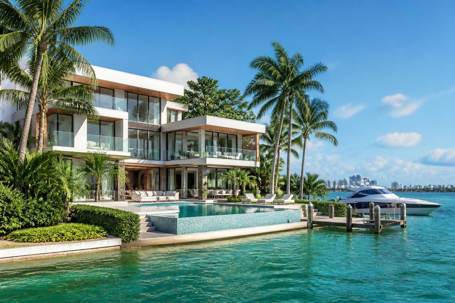 A luxurious waterfront mansion with palm trees, an infinity pool, and a yacht in Miami Beach.