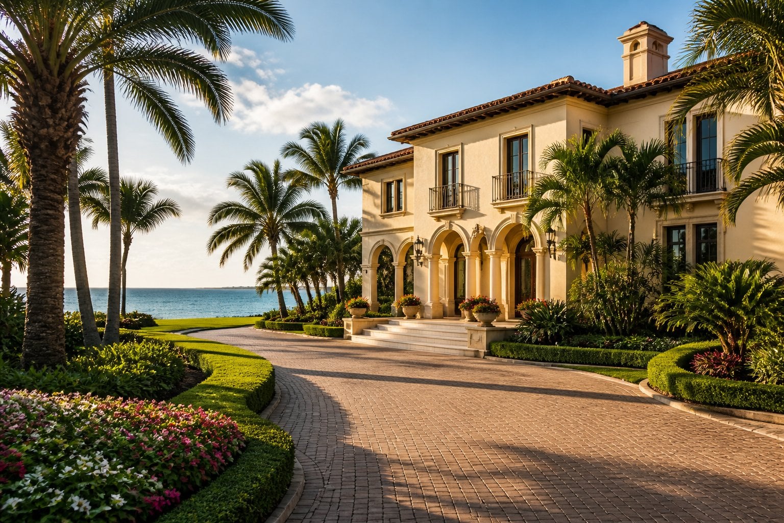 A luxurious Palm Beach home surrounded by palm trees and manicured landscaping near the turquoise coast.