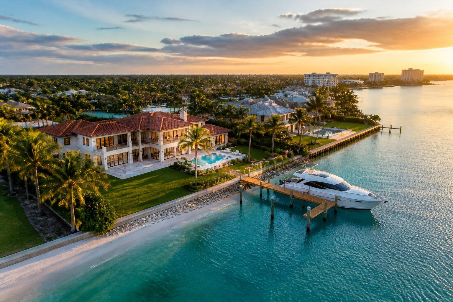 A luxurious waterfront estate with tropical landscaping, a private dock, and a yacht on calm turquoise waters in Naples, Florida.