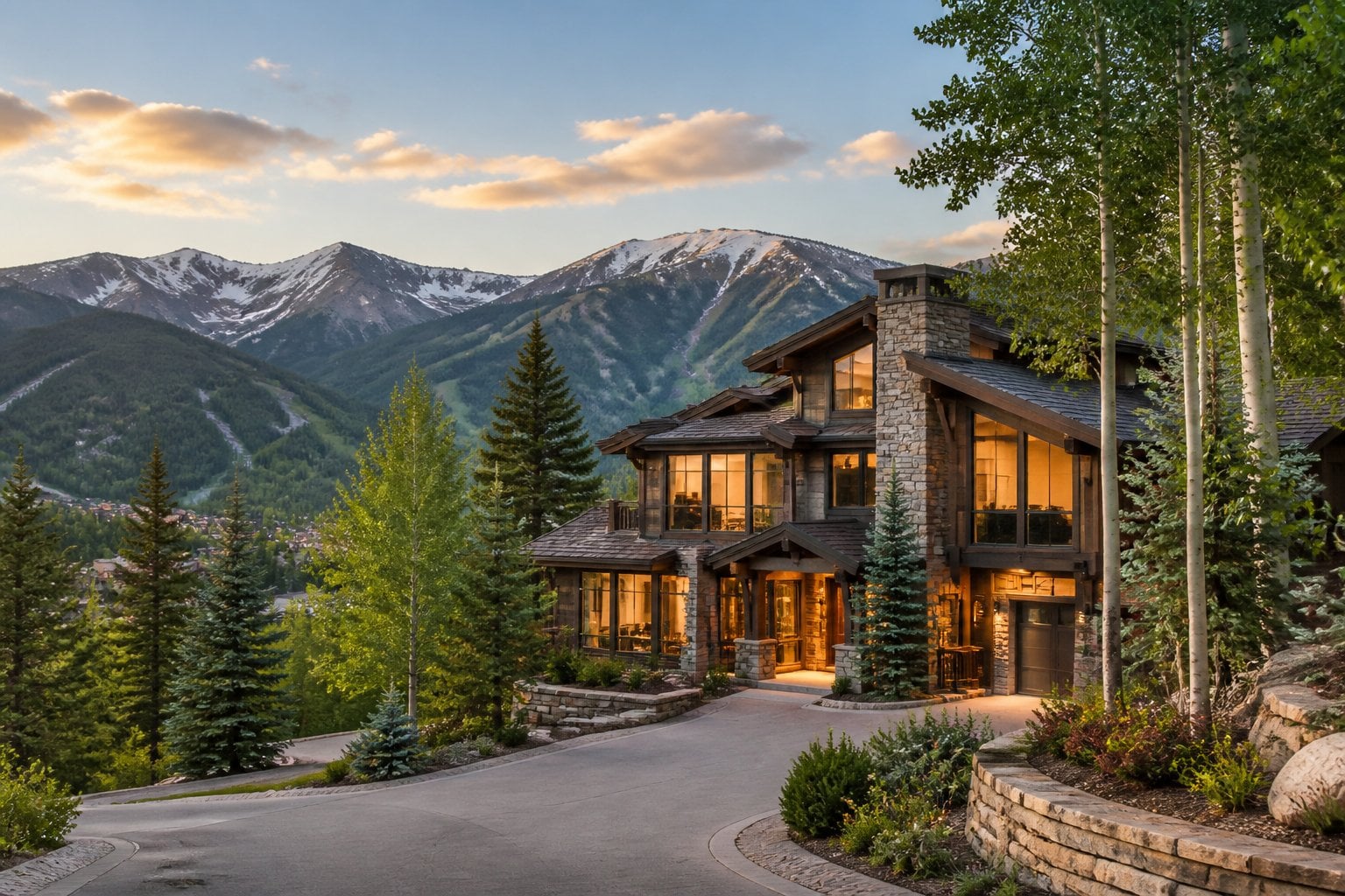 An elegant mountain home surrounded by Aspen trees with snow-capped Rocky Mountains in the background.