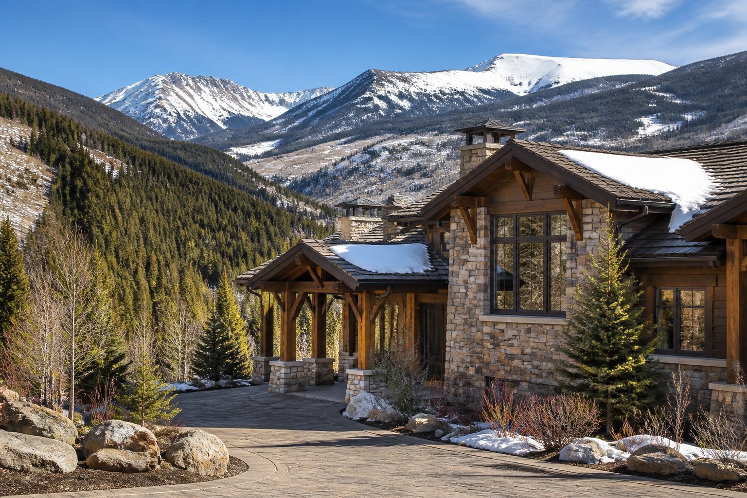 A luxury mountain home surrounded by evergreen trees and snow-capped mountains in Vail, Colorado.