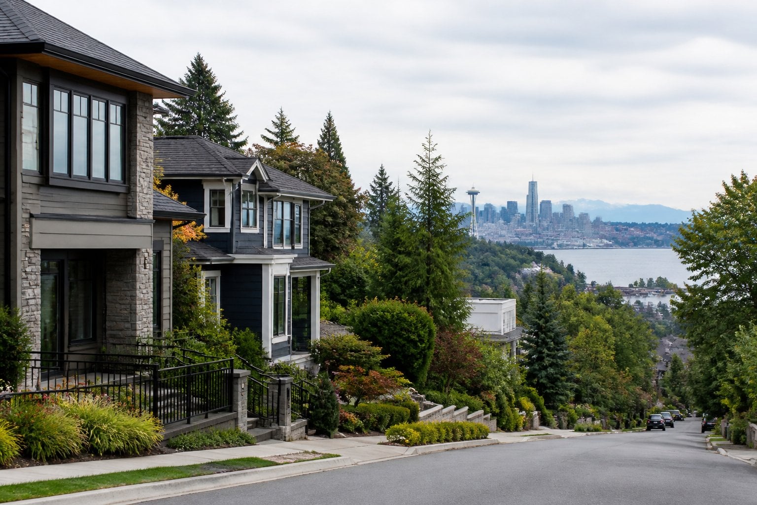 Upscale homes on a leafy Seattle neighborhood street with evergreen trees and distant city and mountain views.