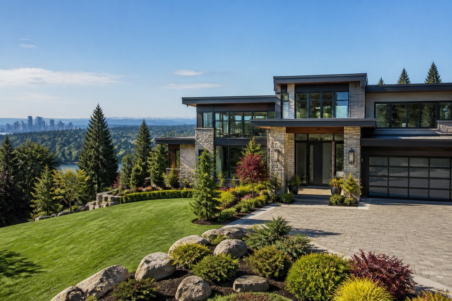 A luxurious modern home in a leafy Bellevue neighborhood with distant mountain and city views.