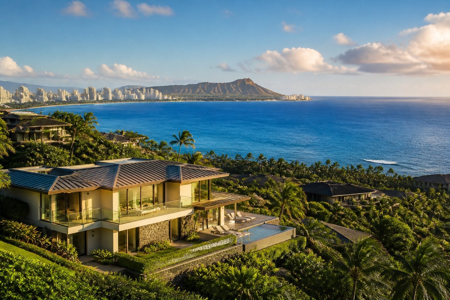 Upscale Honolulu homes on a tropical hillside overlooking the Pacific Ocean and Diamond Head.