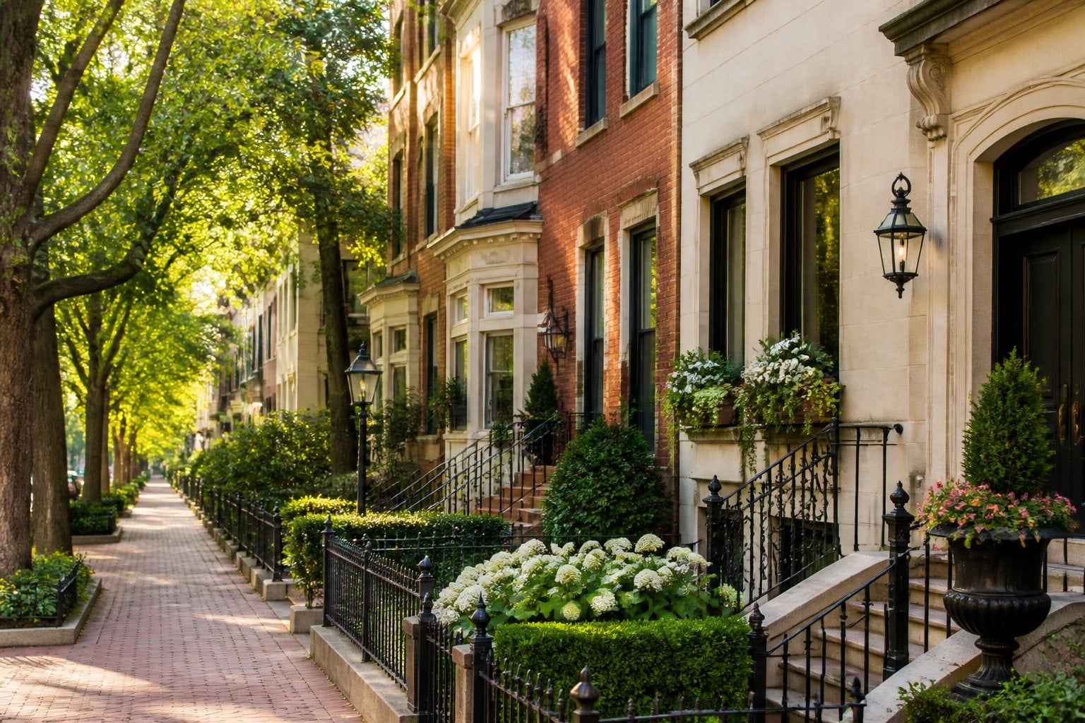 An upscale Washington, D.C. residential street lined with elegant brick townhouses, mature trees, and landscaped sidewalks.